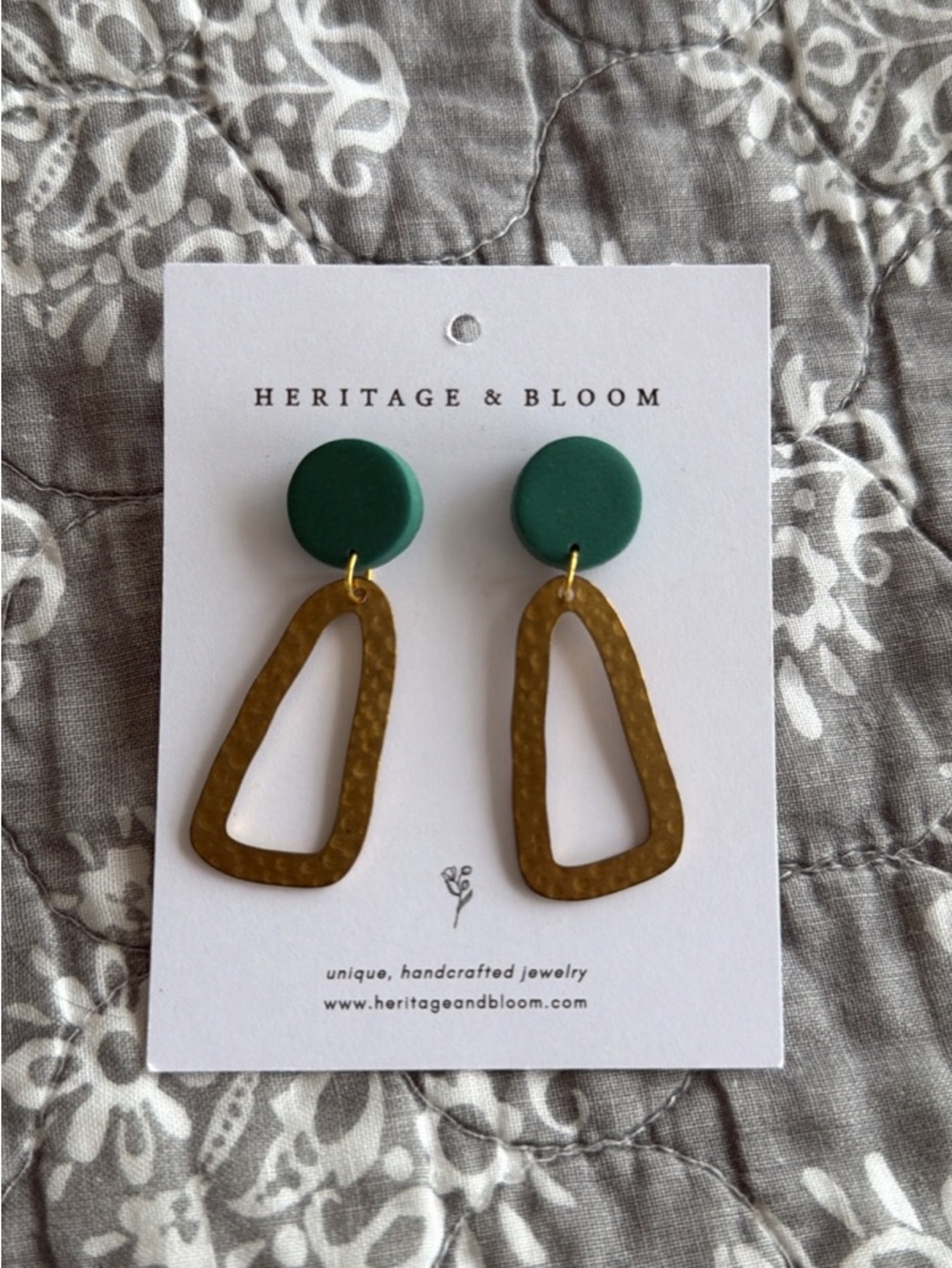 Heritage & Bloom Green Disk and Hammered Gold Drop Earrings
